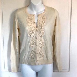 Cream Floral Lace Embellished Cardigan Talbots XS Off White Cotton Wool Blend
